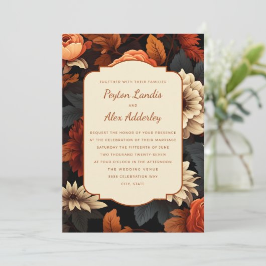 Burnt Orange Rust Cream Fall Floral Wedding Einladung (Stehend Vorderseite)