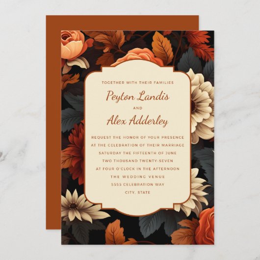 Burnt Orange Rust Cream Fall Floral Wedding Einladung (Vorne/Hinten)