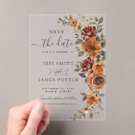 Burnt Orange Rust Floral Hochzeit Speichern Sie da Acryleinladungen