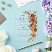 Burnt Orange Rust Floral Hochzeit Speichern Sie da Acryleinladungen (In Situ (Hochzeit))
