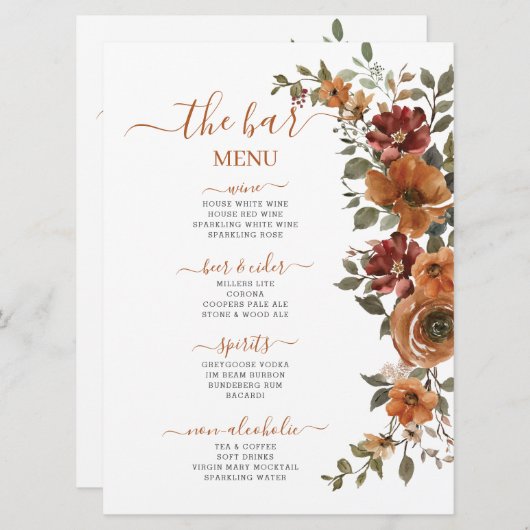 Burnt Orange Rust Hochzeit im Herbst Drinks Bar Menükarte (Vorne/Hinten)