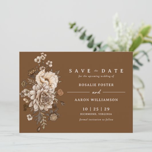 Burnt Orange Rust | Moody Fall Boho Wedding Save The Date (Stehend Vorderseite)