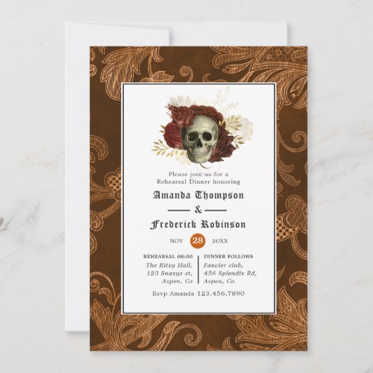 Burnt Orange Rustic Damask Gothic Probe Dinner Einladung (Vorderseite)