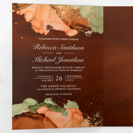 Burnt Orange Sage Abstrakt Tinte QR Code Hochzeit Dreifach Gefaltete Einladung (Innen Erste Seite)