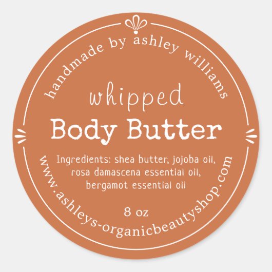 Burnt Orange Script Handmade Body Butter Label Runder Aufkleber (Vorderseite)