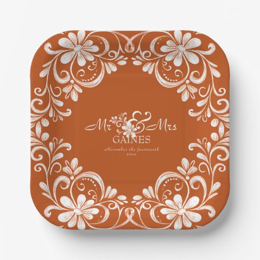 Burnt Orange Shabby Chic Mr & Mrs Wedding Plate Pappteller (Vorderseite)