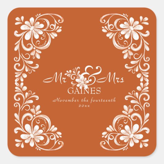 Burnt Orange Shabby Chic Mr. & Mrs. Wedding Sticke Quadratischer Aufkleber (Vorderseite)