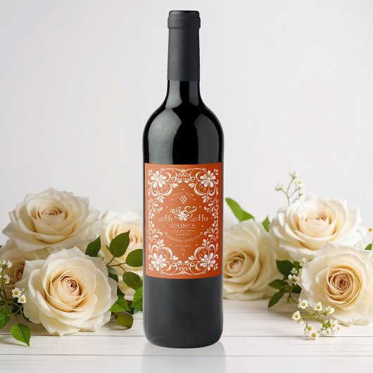 Burnt Orange Shabby Chic Wedding Wine Label Weinetikett