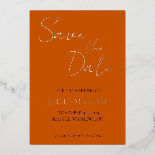 Burnt Orange Simple Style Wedding Save the Date Folieneinladung (Vorderseite)