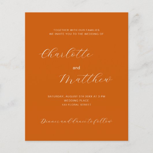 Burnt orange Skript Budget Hochzeit Einladung (Vorderseite)