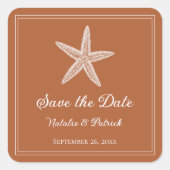 Burnt Orange Starfish Save the Date Quadratischer Aufkleber (Vorderseite)