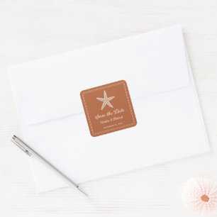 Burnt Orange Starfish Save the Date Quadratischer Aufkleber