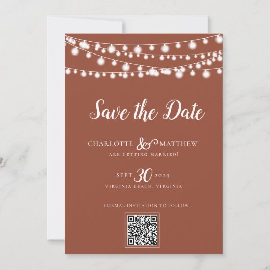Burnt Orange String Lights Modernes Skript Gerette Save The Date (Vorderseite)