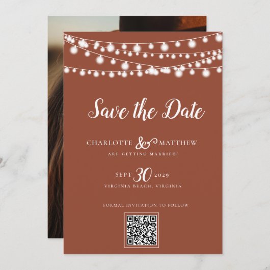 Burnt Orange String Lights Modernes Skript Gerette Save The Date (Vorne/Hinten)