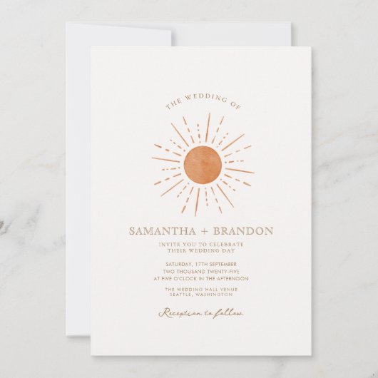 Burnt Orange Sun Minimal Boho Wedding Qr Code Einladung (Vorderseite)