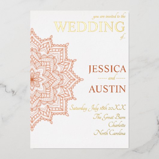 Burnt Orange Sunrise Mandala Summer Hochzeit im He Folieneinladung (Vorderseite)