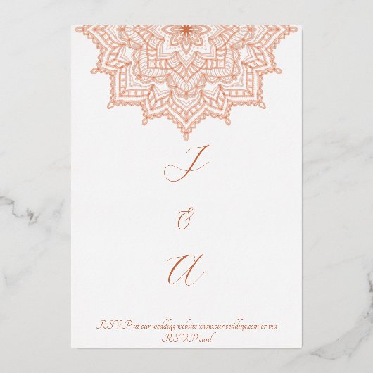 Burnt Orange Sunrise Mandala Summer Hochzeit im He Folieneinladung (Rückseite)