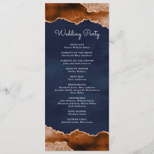 Burnt Orange Terracotta Agate Marble Navy Hochzeit Programm (Rückseite)