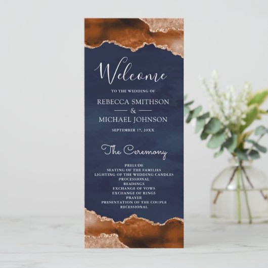 Burnt Orange Terracotta Agate Marble Navy Hochzeit Programm (Stehend Vorderseite)