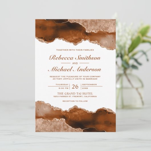 Burnt Orange Terracotta Agate Marble Wedding Einladung (Stehend Vorderseite)