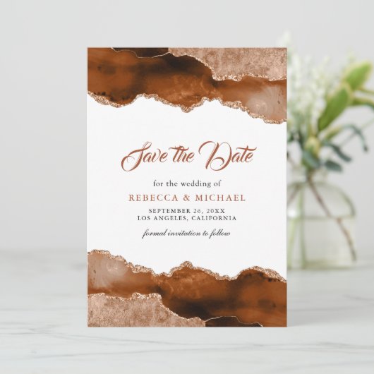 Burnt Orange Terracotta Agate Marble Wedding Foto Save The Date (Stehend Vorderseite)
