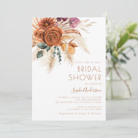 Burnt Orange Terracotta Boho Pampas Grass Wedding Einladung (Stehend Vorderseite)