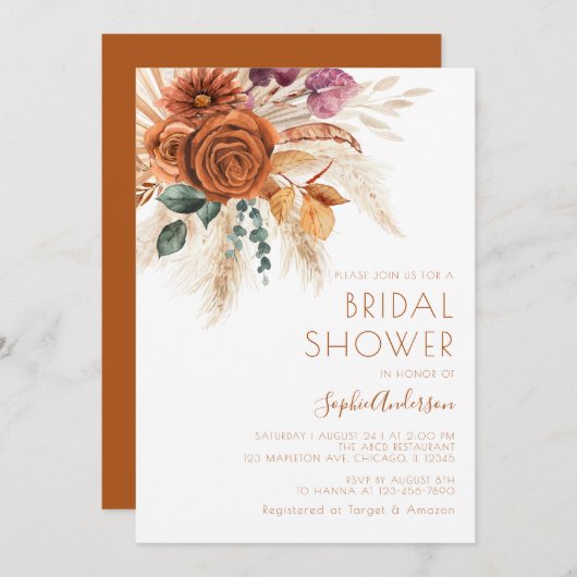 Burnt Orange Terracotta Boho Pampas Grass Wedding Einladung (Vorne/Hinten)