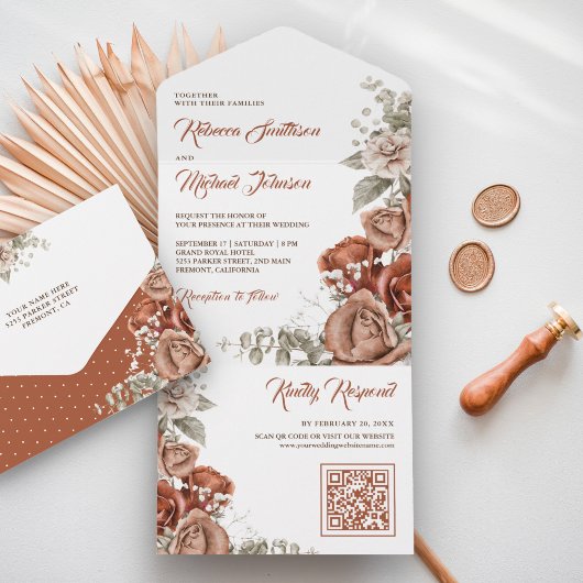 Burnt Orange Terracotta Floral QR Code Wedding All In One Einladung