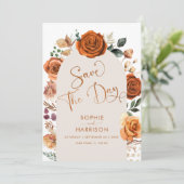 ?Burnt Orange Terracotta Floral Rust Save the Date Einladung (Stehend Vorderseite)