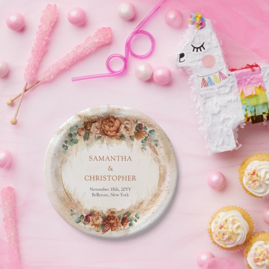 Burnt orange Terracotta und grüne Laubbogen Pappteller (Party)