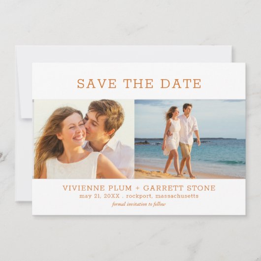 Burnt Orange Text Drei Foto Hochzeit Save The Date (Vorderseite)