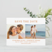 Burnt Orange Text Drei Foto Hochzeit Save The Date (Stehend Vorderseite)