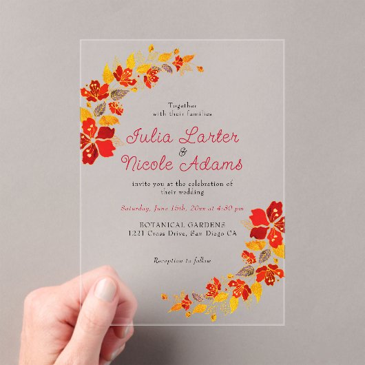 Burnt Orange Tropical Hibiskus Florals Wedding Acryleinladungen (Insitu (Handheld))