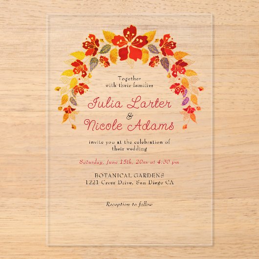 Burnt Orange Tropical Hibiskus Florals Wedding Acryleinladungen (Vorderseite)