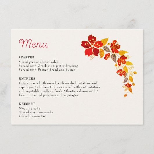 Burnt Orange Tropical Hibiskus Florals Wedding Menükarte (Vorderseite)