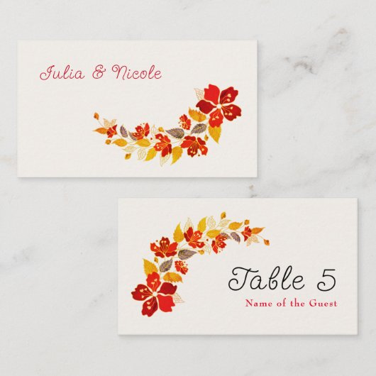 Burnt Orange Tropical Hibiskus Florals Wedding Platzkarte (Vorne/Hinten)