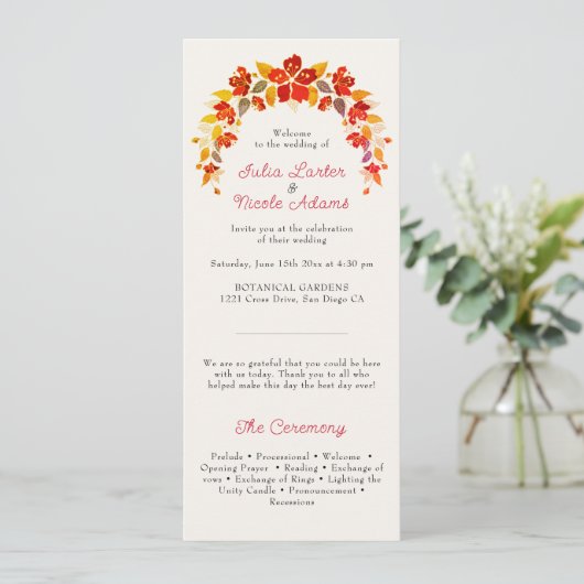 Burnt Orange Tropical Hibiskus Florals Wedding Programm (Stehend Vorderseite)