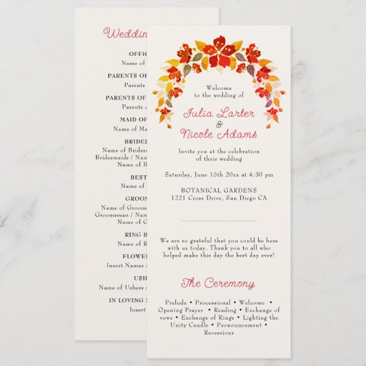 Burnt Orange Tropical Hibiskus Florals Wedding Programm (Vorne/Hinten)