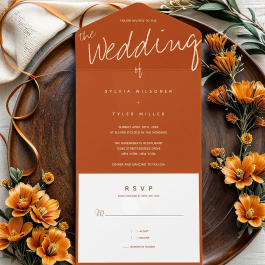 Burnt Orange Typografy Minimalistisch Wedding All In One Einladung