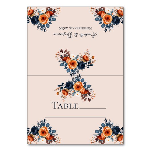 Burnt Orange und Blue Blank Wedding Escort Tischnummer (Vorderseite)