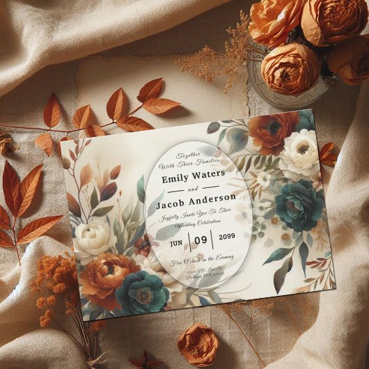 Burnt Orange und Blue Fall Blume Hochzeit Einladung