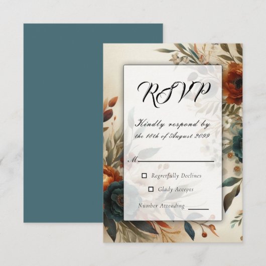 Burnt Orange und Blue Fall Blume Hochzeit RSVP Karte (Vorne/Hinten)