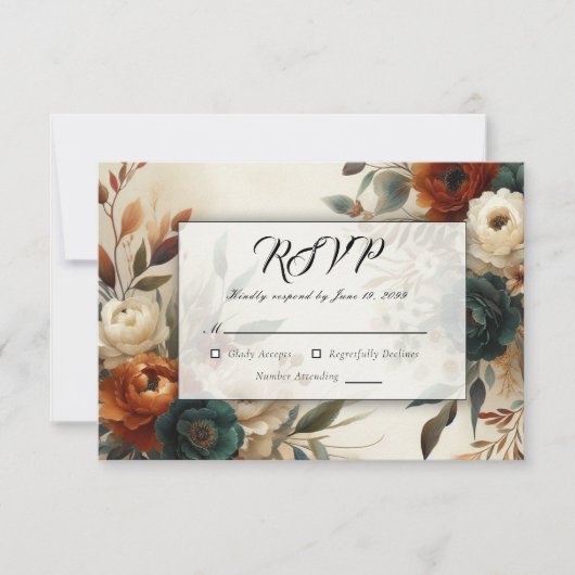 Burnt Orange und Blue Fall Blume Hochzeit RSVP Karte (Vorderseite)