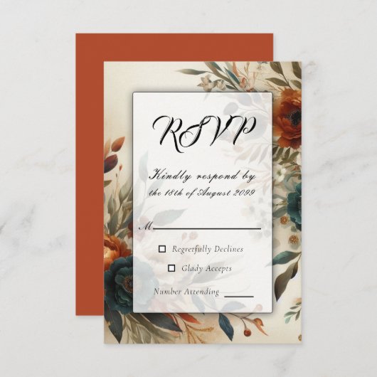 Burnt Orange und Blue Fall Blume Hochzeit RSVP Karte (Vorne/Hinten)