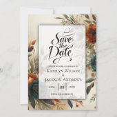 Burnt Orange und Blue Fall Blume Hochzeit Save The Date (Vorderseite)