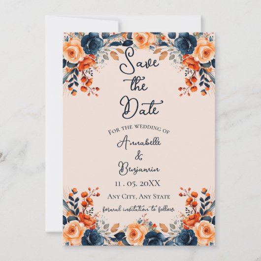 Burnt Orange und Navy Floral Save the Date Einladung (Vorderseite)