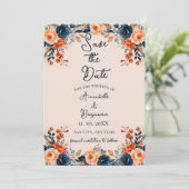 Burnt Orange und Navy Floral Save the Date Einladung (Stehend Vorderseite)