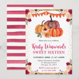 Burnt Orange und Red Floral Pumpkins Fall Sweet 16 Einladung