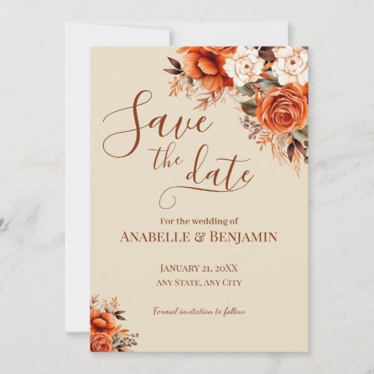 Burnt Orange und Rust Floral Wedding Save The Date (Vorderseite)