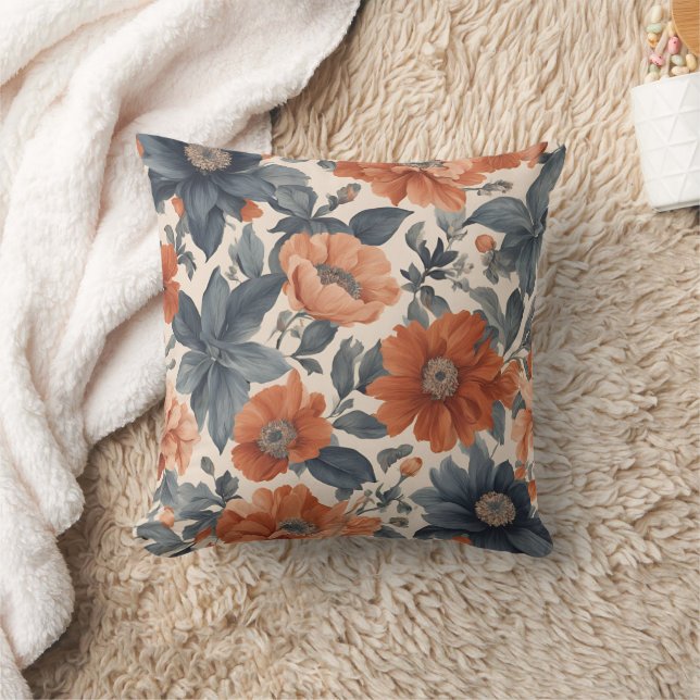 Burnt Orange und Smoky Blue Floral Kissen (Decke)